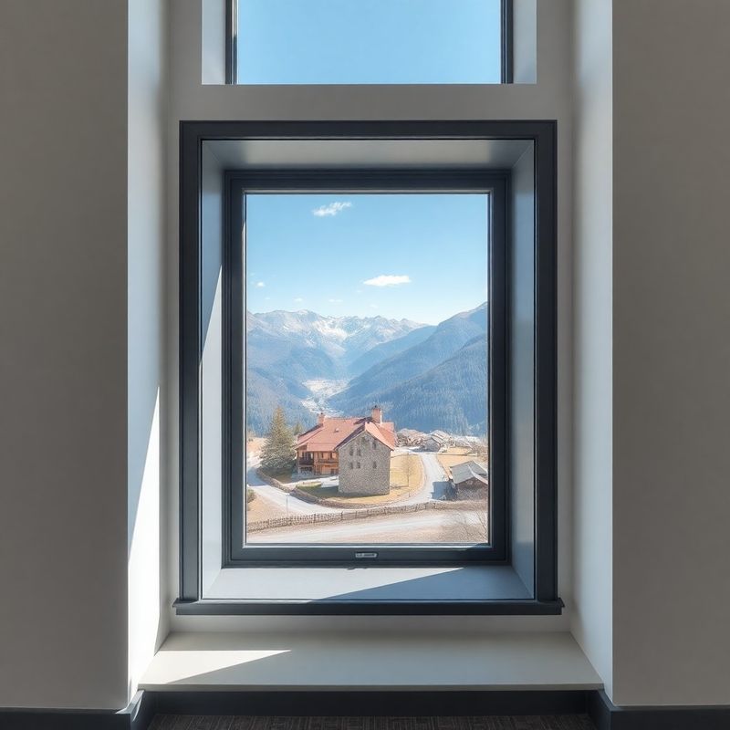 Alpska dolina, vidna skozi veliko pisarniško okno